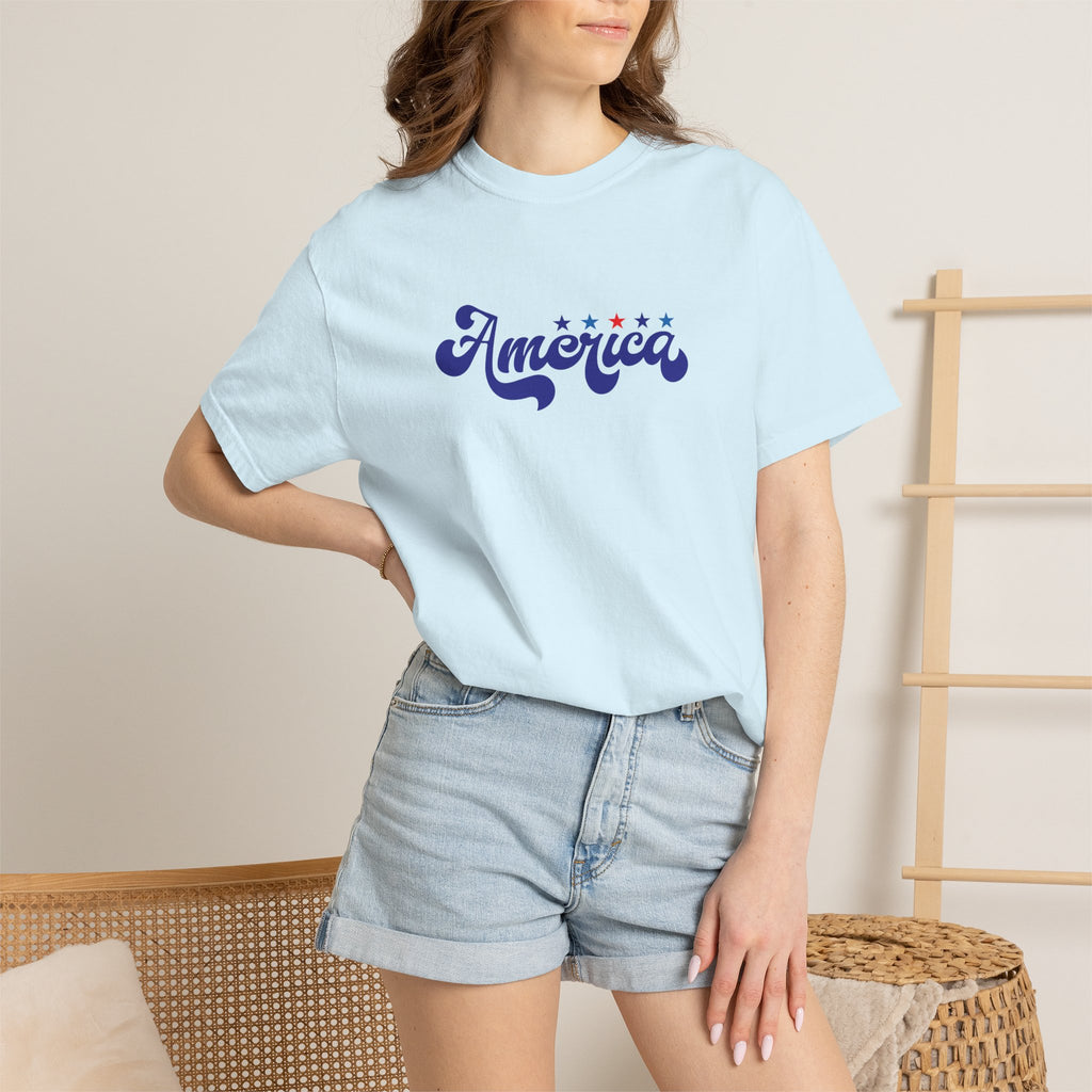 America Script T-Shirt — Patriotic Retro Stars Tee