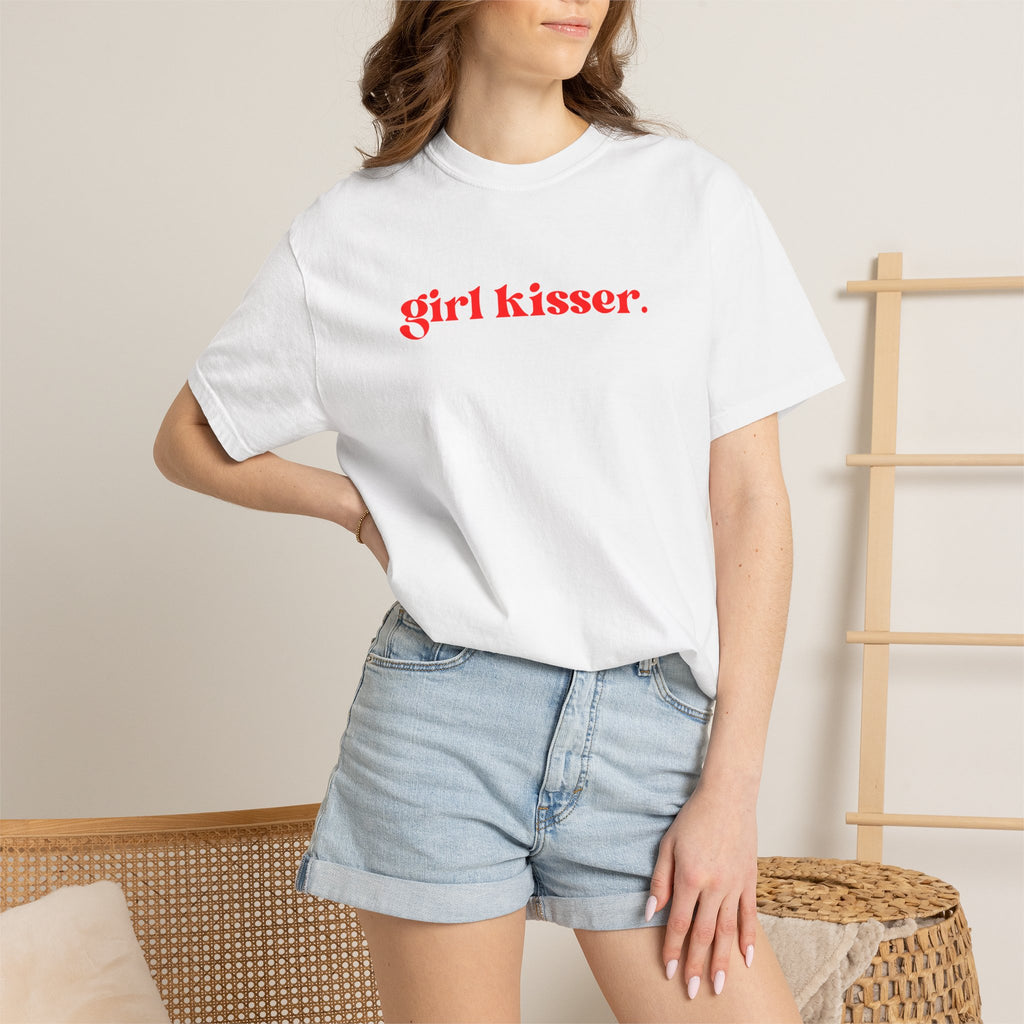 Girl Kisser T‑Shirt — White Tee with Red Script
