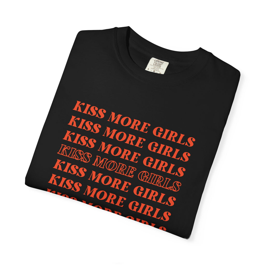Kiss More Girls T‑Shirt — Retro Repeated Text Pride Tee