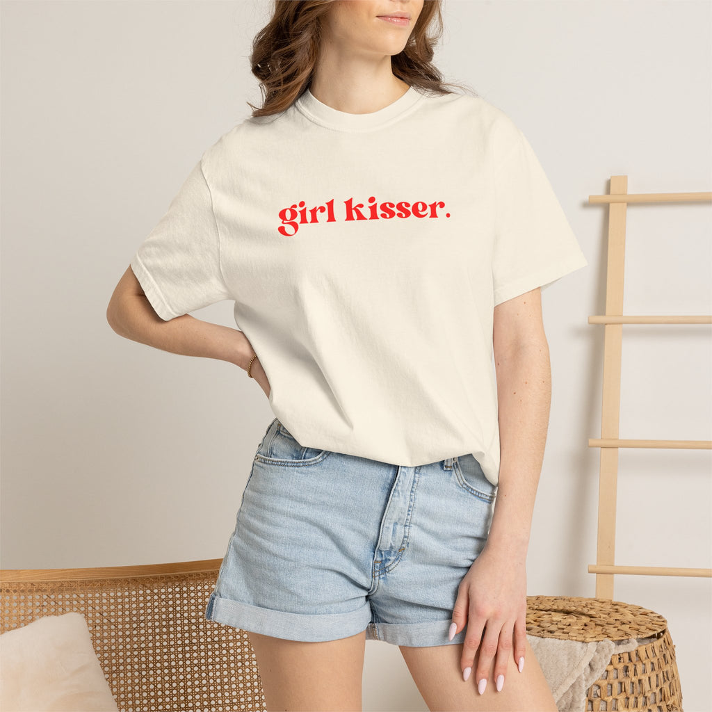 Girl Kisser T‑Shirt — White Tee with Red Script