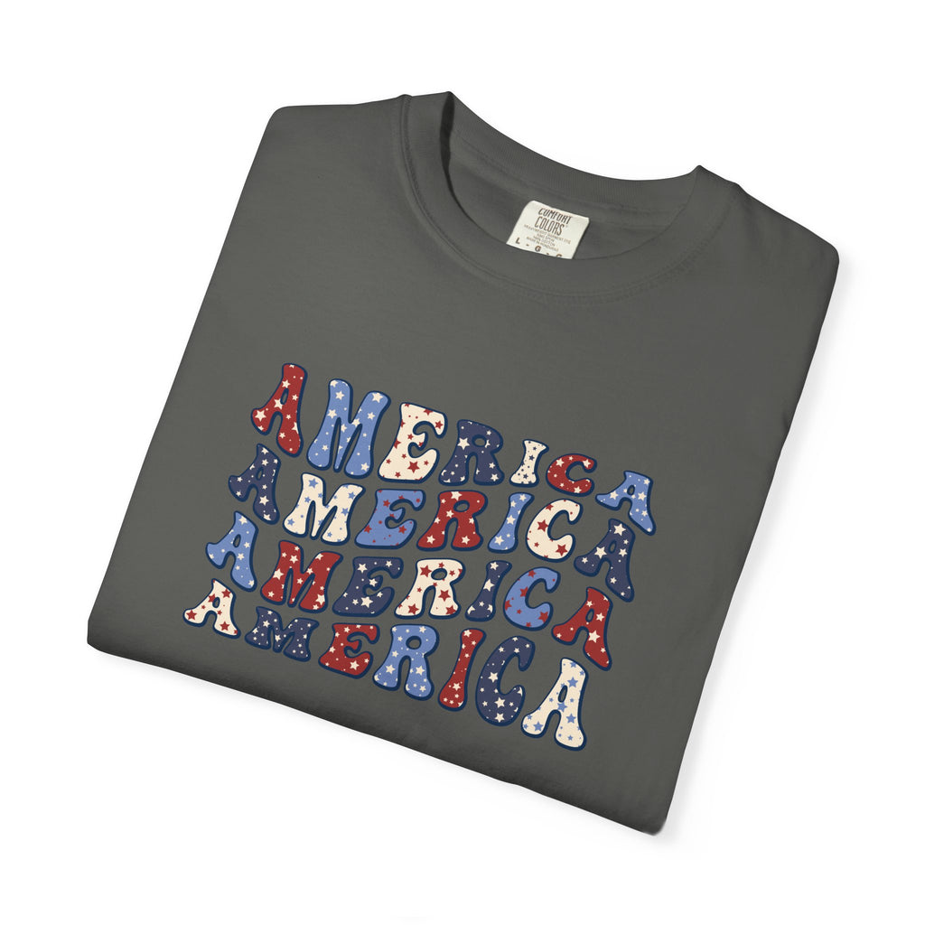 America Repeat Graphic T-Shirt — Retro Red & Blue Patriotic Tee