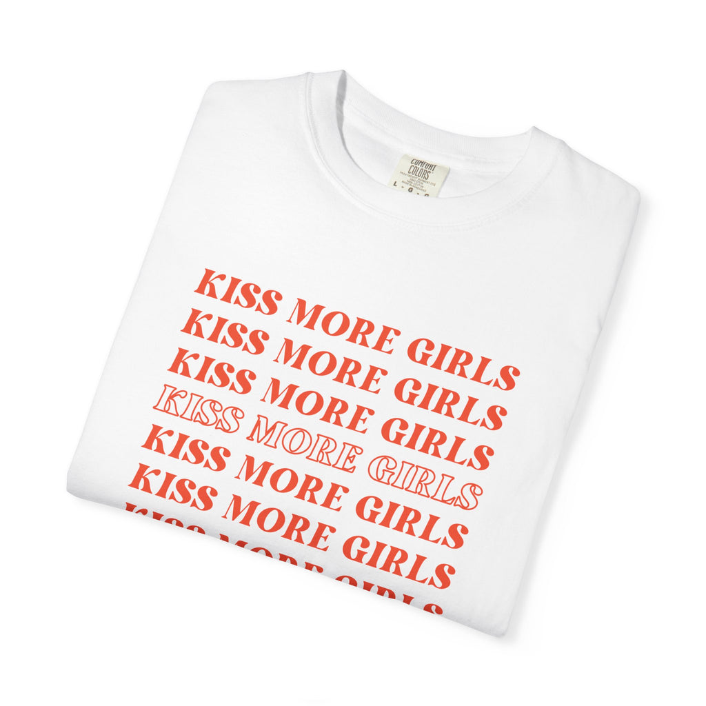 Kiss More Girls T‑Shirt — Retro Repeated Text Pride Tee