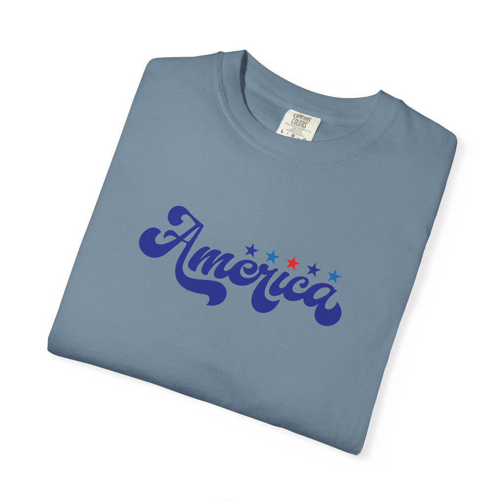 America Script T-Shirt — Patriotic Retro Stars Tee