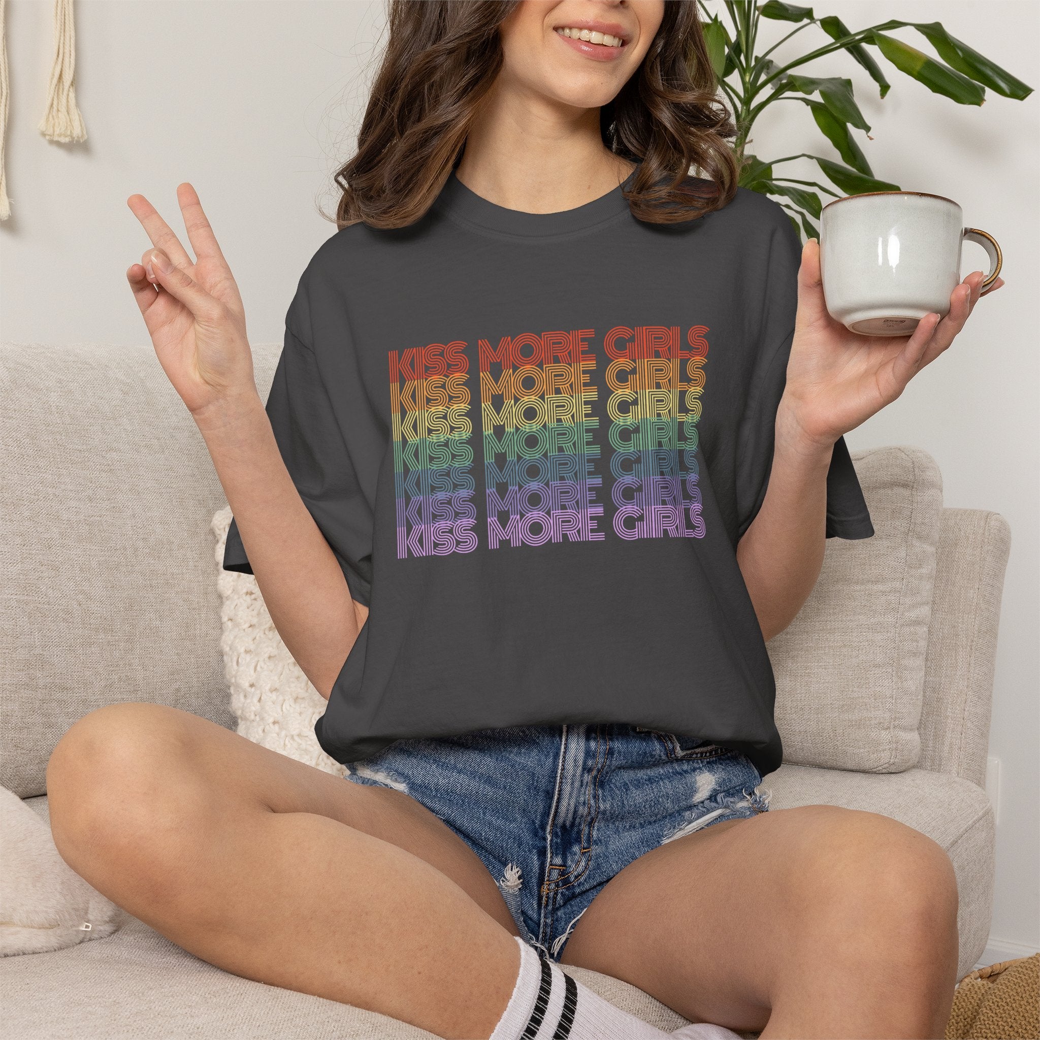 Kiss More Girls Rainbow Graphic T-Shirt