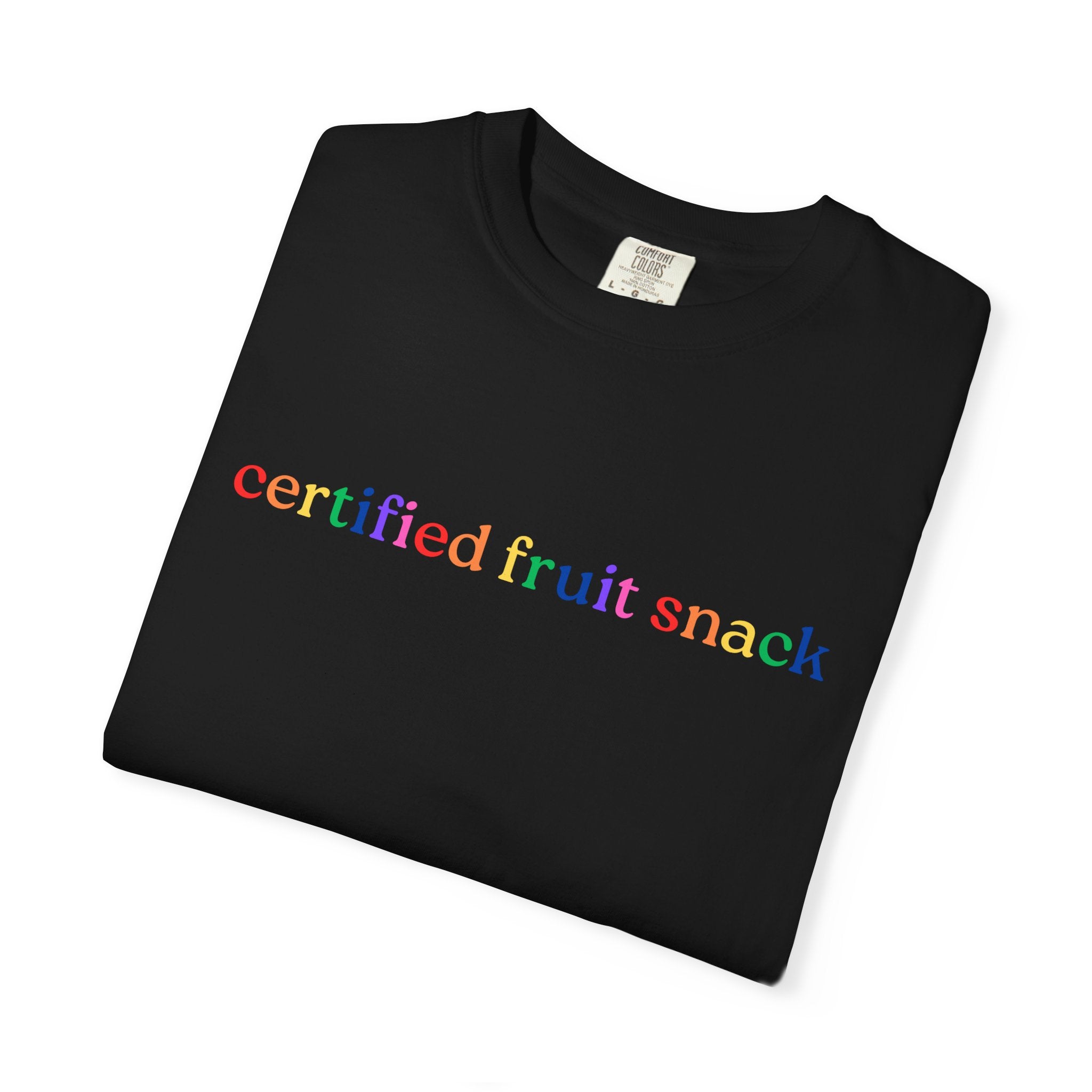 Certified Fruit Snack T-Shirt — Rainbow Text Casual Tee