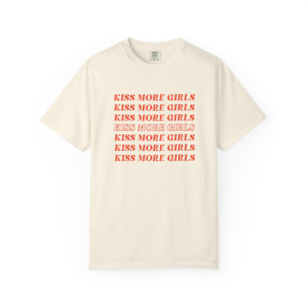 Kiss More Girls T‑Shirt — Retro Repeated Text Pride Tee