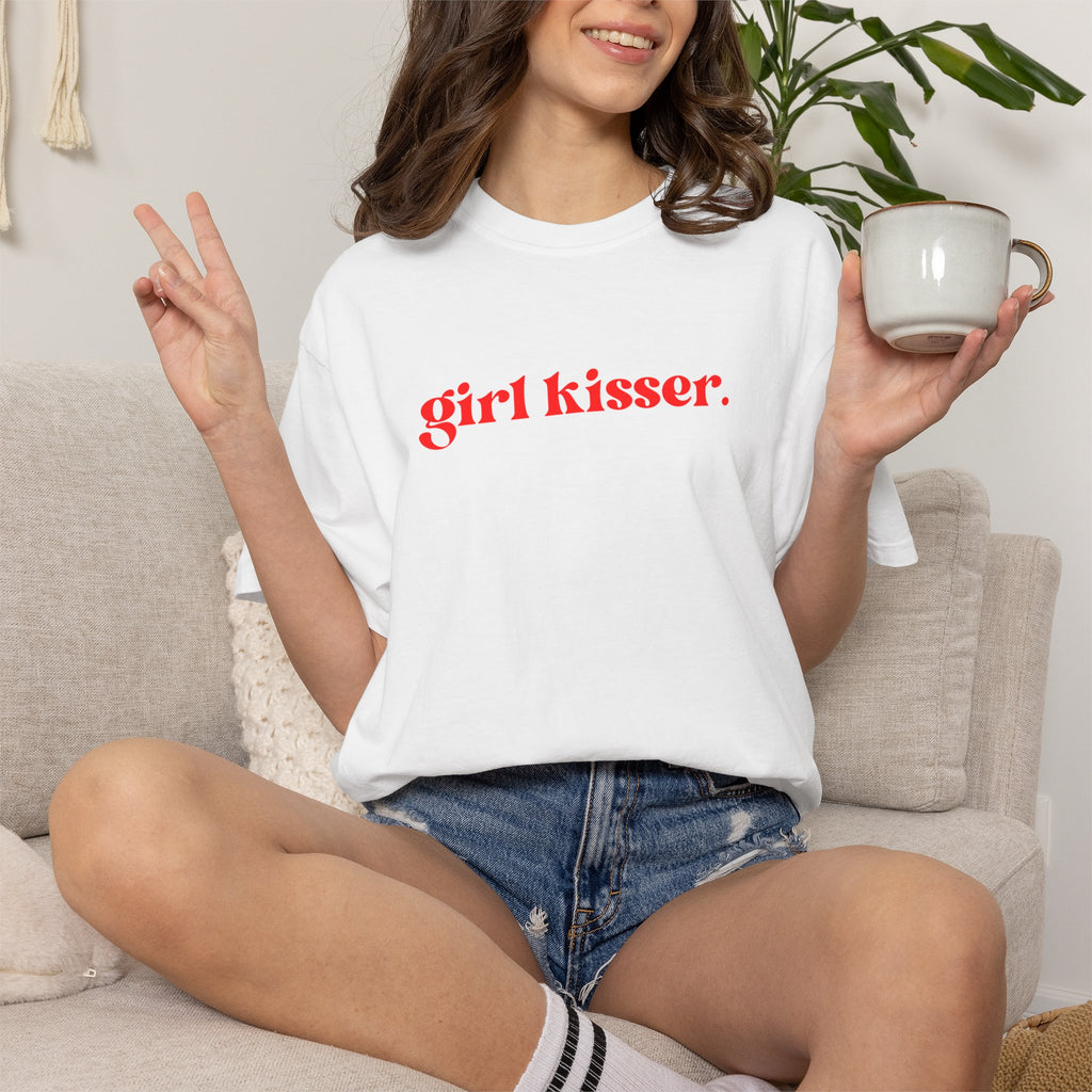 Girl Kisser T‑Shirt — White Tee with Red Script