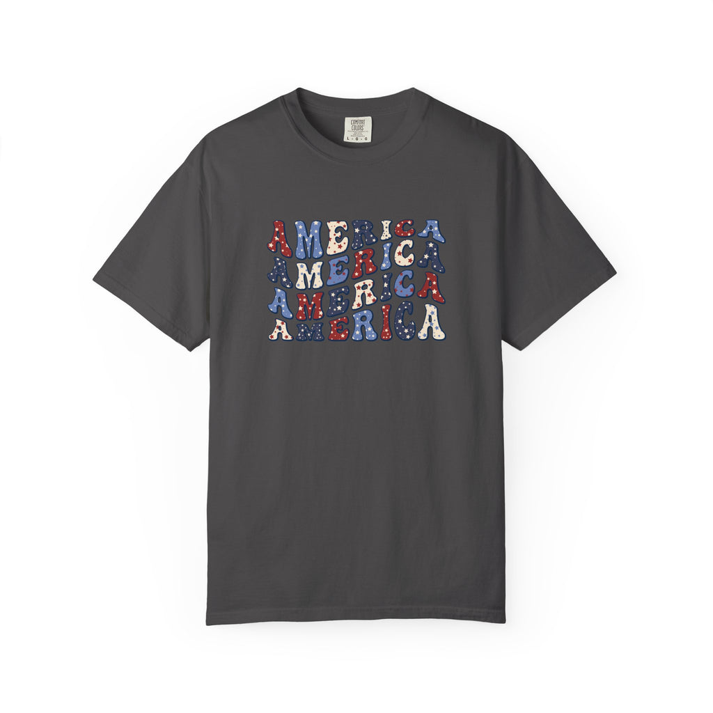 America Repeat Graphic T-Shirt — Retro Red & Blue Patriotic Tee