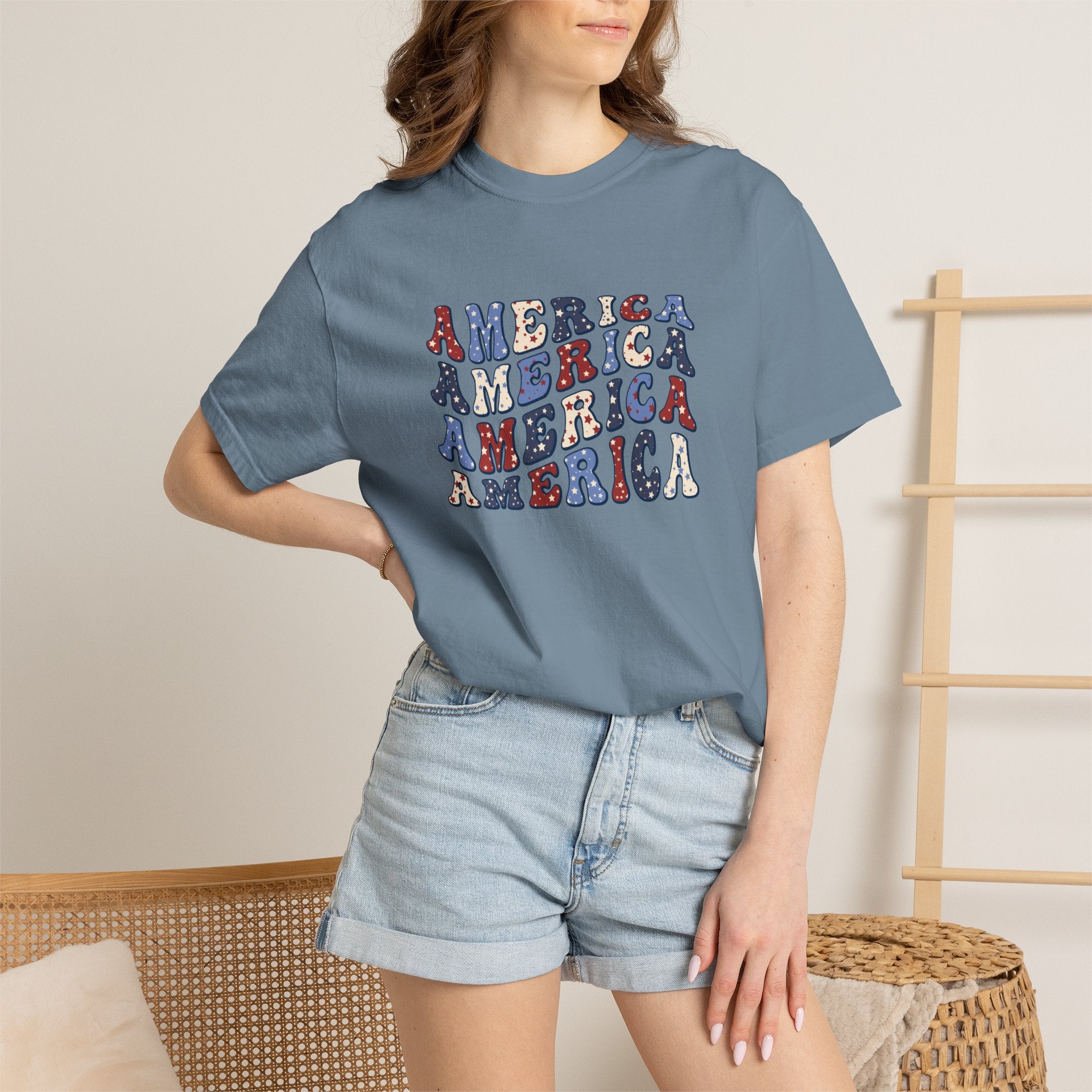 America Repeat Graphic T-Shirt — Retro Red & Blue Patriotic Tee