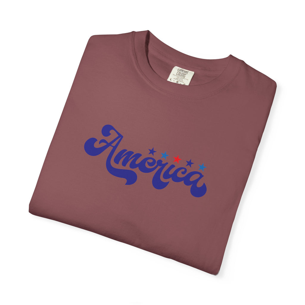 America Script T-Shirt — Patriotic Retro Stars Tee