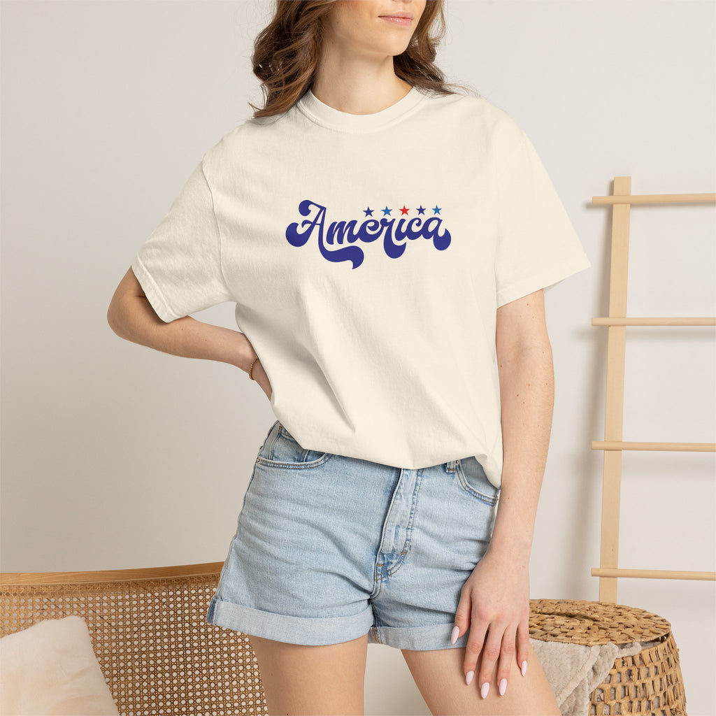 America Script T-Shirt — Patriotic Retro Stars Tee
