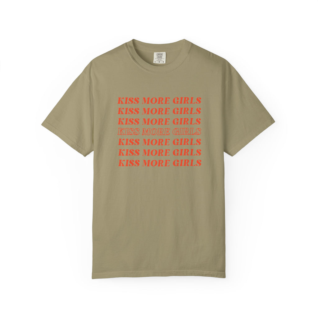 Kiss More Girls T‑Shirt — Retro Repeated Text Pride Tee