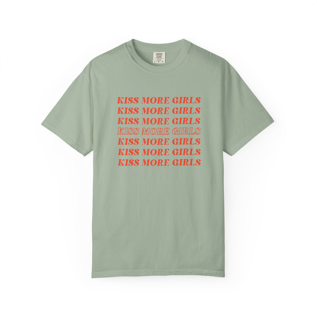 Kiss More Girls T‑Shirt — Retro Repeated Text Pride Tee
