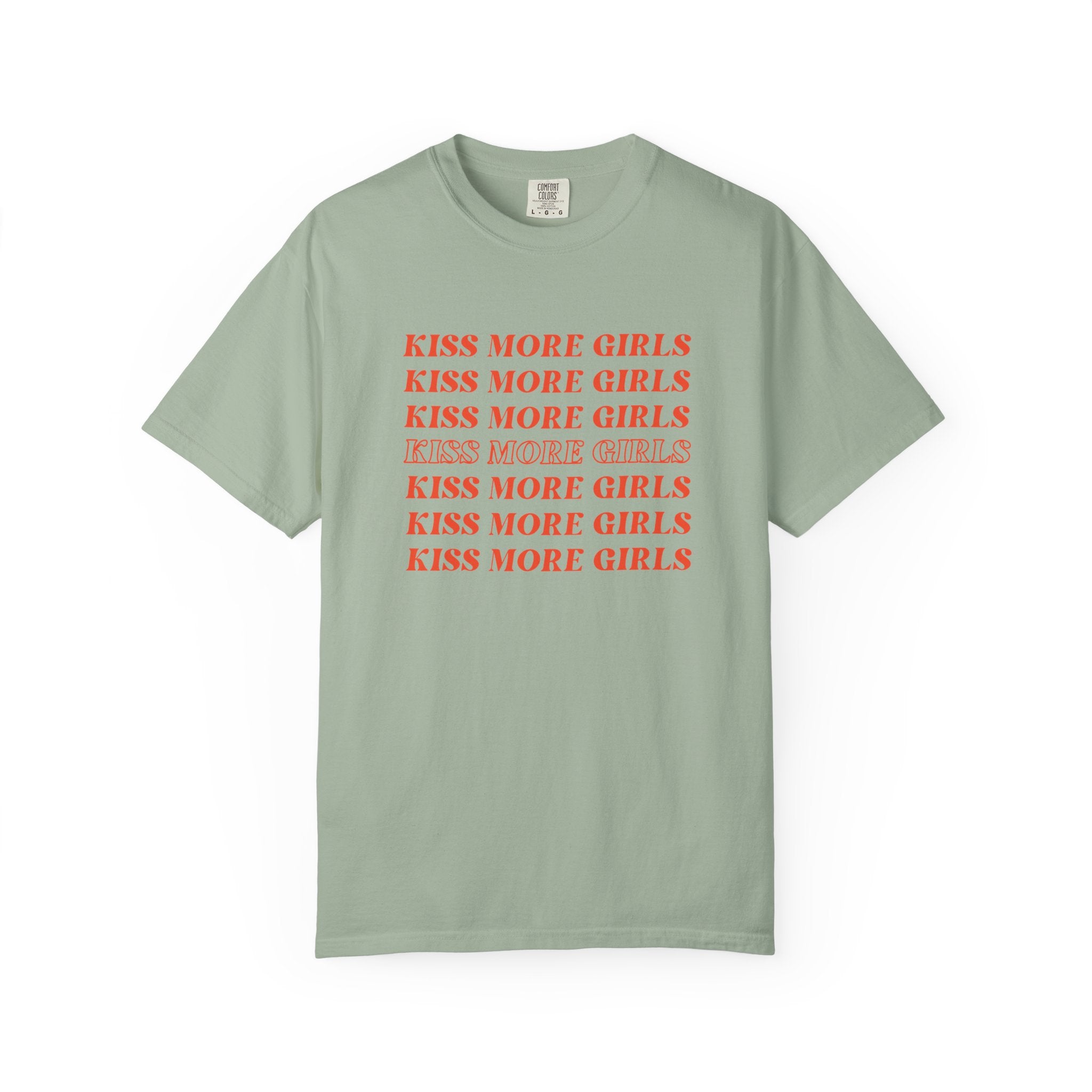 Kiss More Girls T‑Shirt — Retro Repeated Text Pride Tee