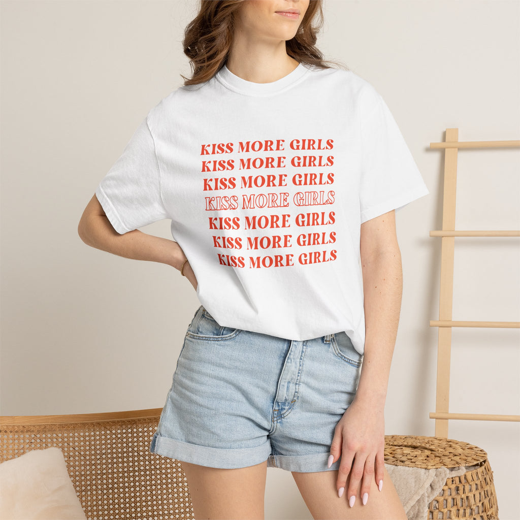 Kiss More Girls T‑Shirt — Retro Repeated Text Pride Tee