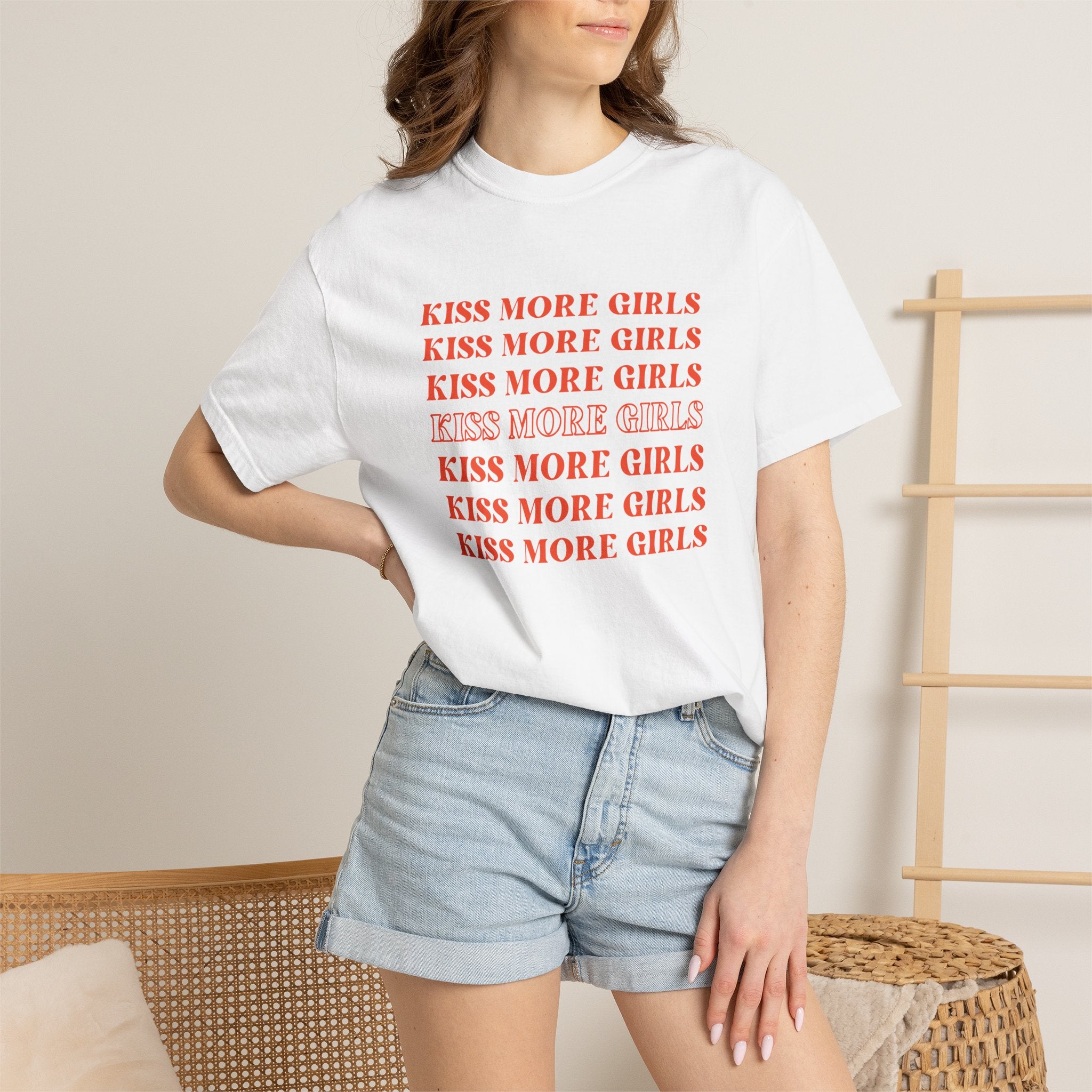 Kiss More Girls T‑Shirt — Retro Repeated Text Pride Tee