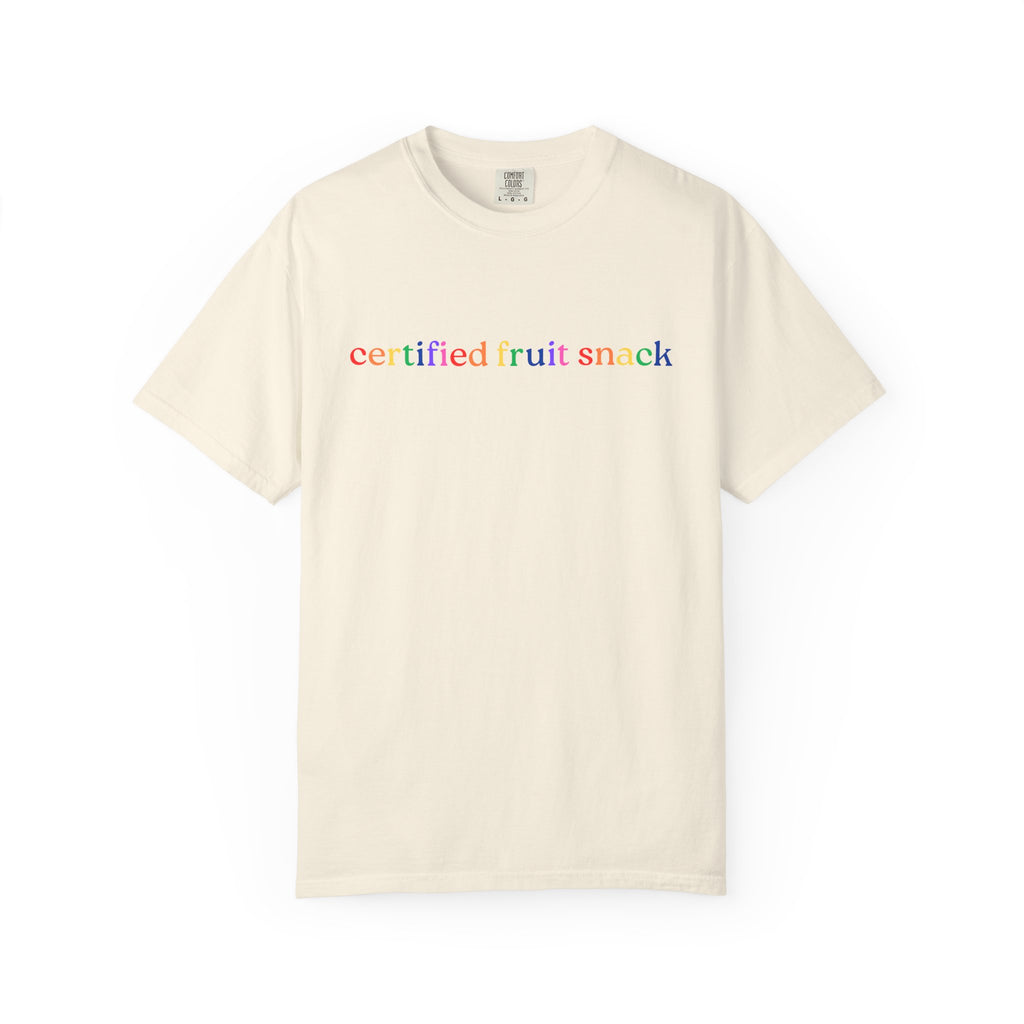 Certified Fruit Snack T-Shirt — Rainbow Text Casual Tee