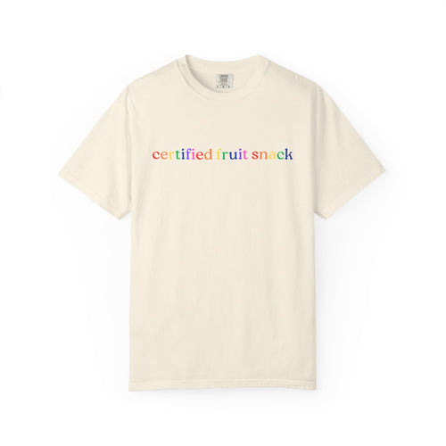 Certified Fruit Snack T-Shirt — Rainbow Text Casual Tee