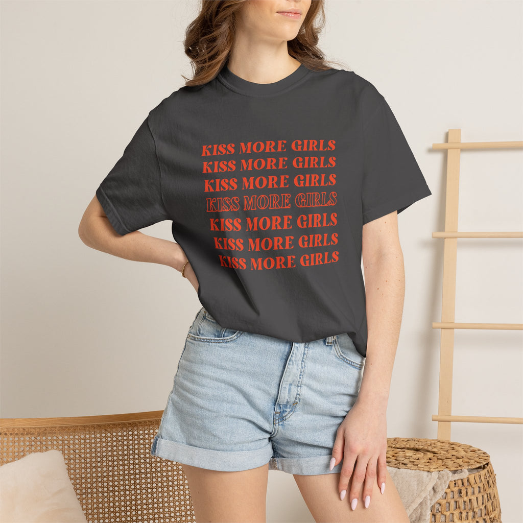 Kiss More Girls T‑Shirt — Retro Repeated Text Pride Tee