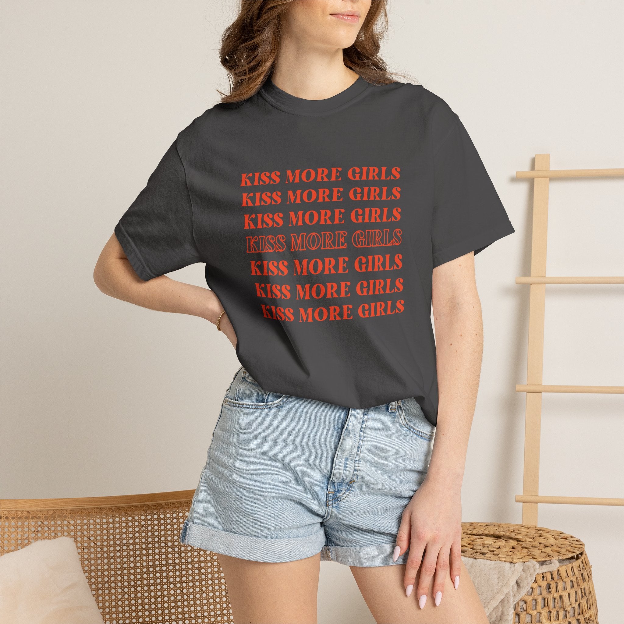 Kiss More Girls T‑Shirt — Retro Repeated Text Pride Tee