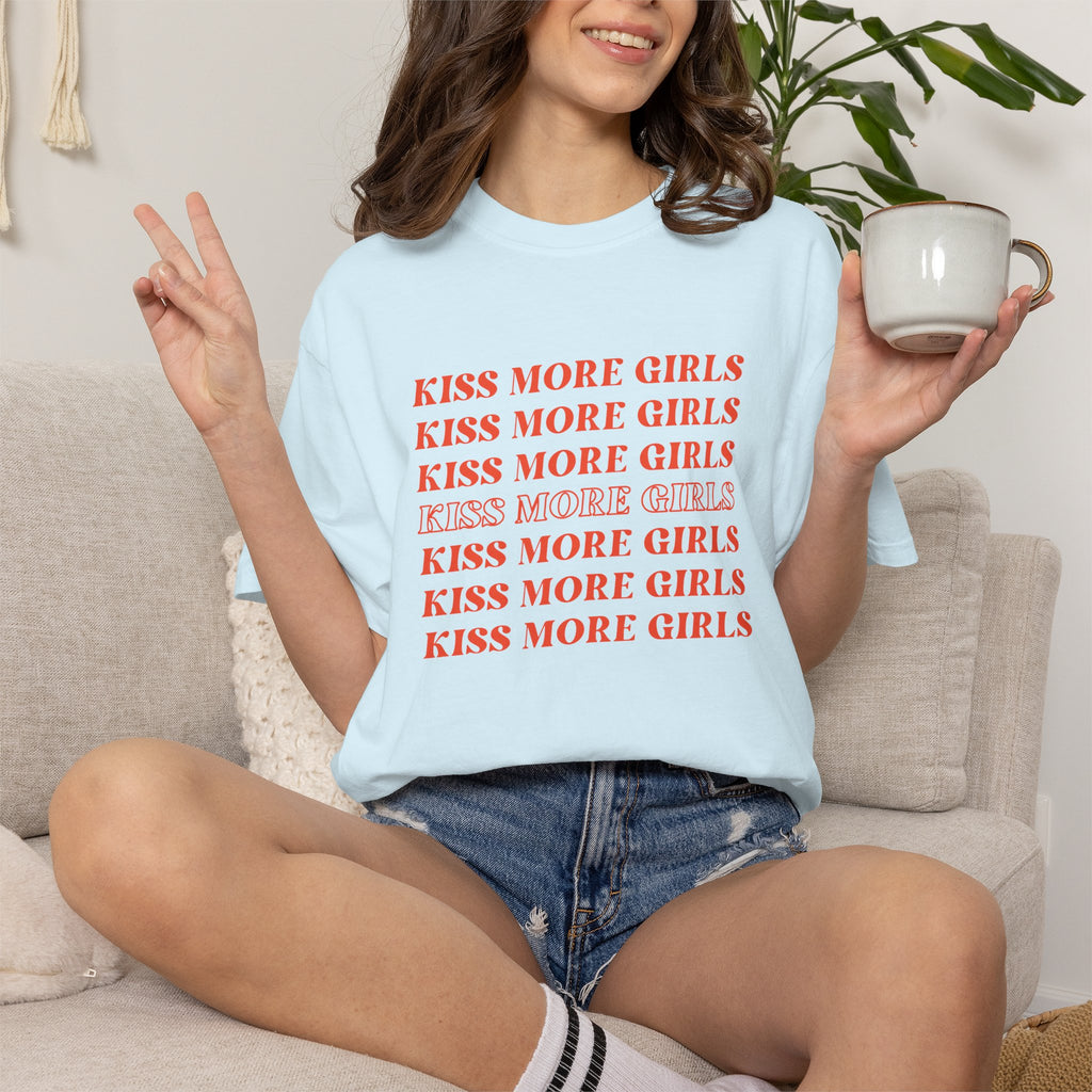 Kiss More Girls T‑Shirt — Retro Repeated Text Pride Tee