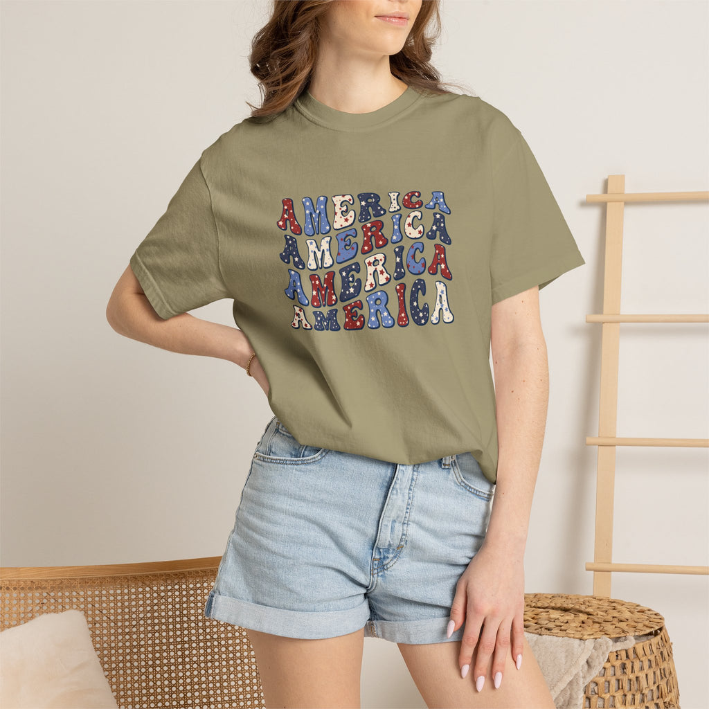 America Repeat Graphic T-Shirt — Retro Red & Blue Patriotic Tee