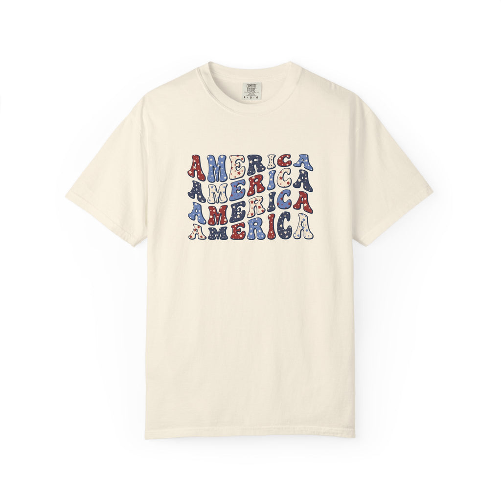 America Repeat Graphic T-Shirt — Retro Red & Blue Patriotic Tee
