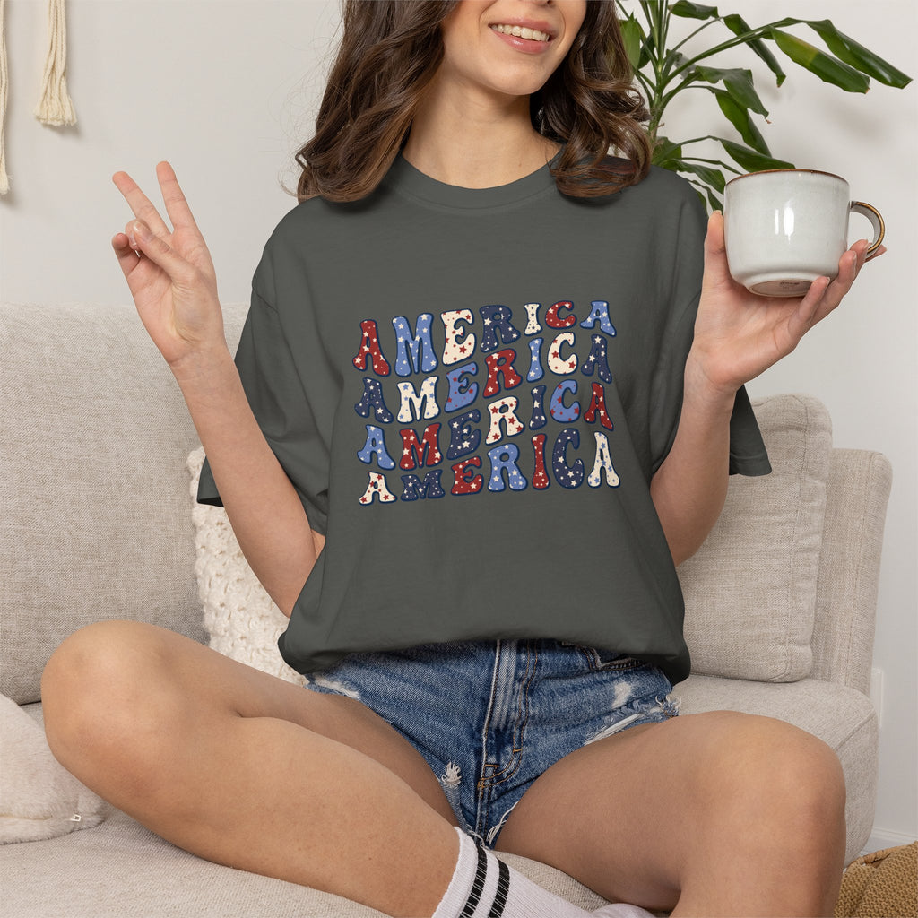 America Repeat Graphic T-Shirt — Retro Red & Blue Patriotic Tee