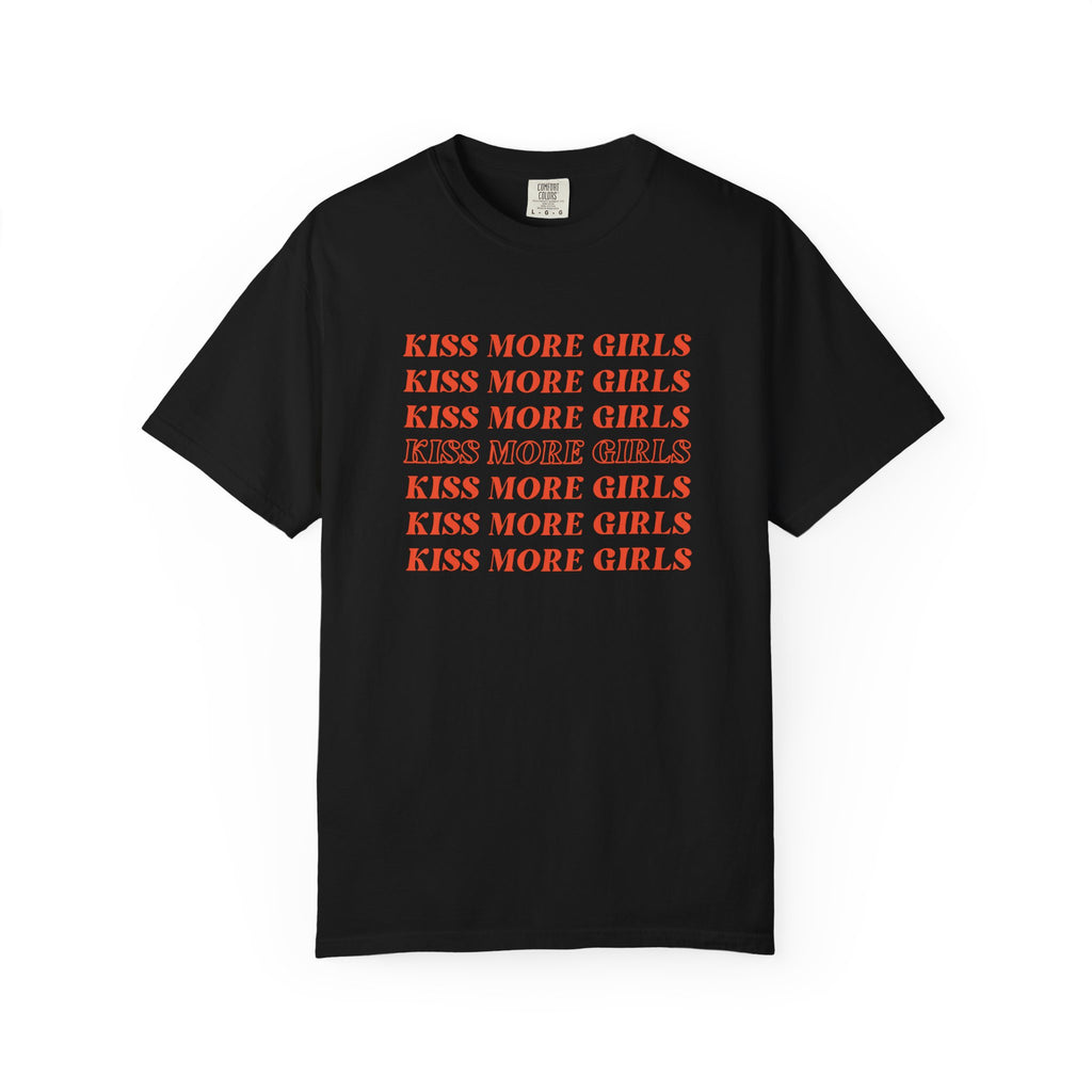 Kiss More Girls T‑Shirt — Retro Repeated Text Pride Tee
