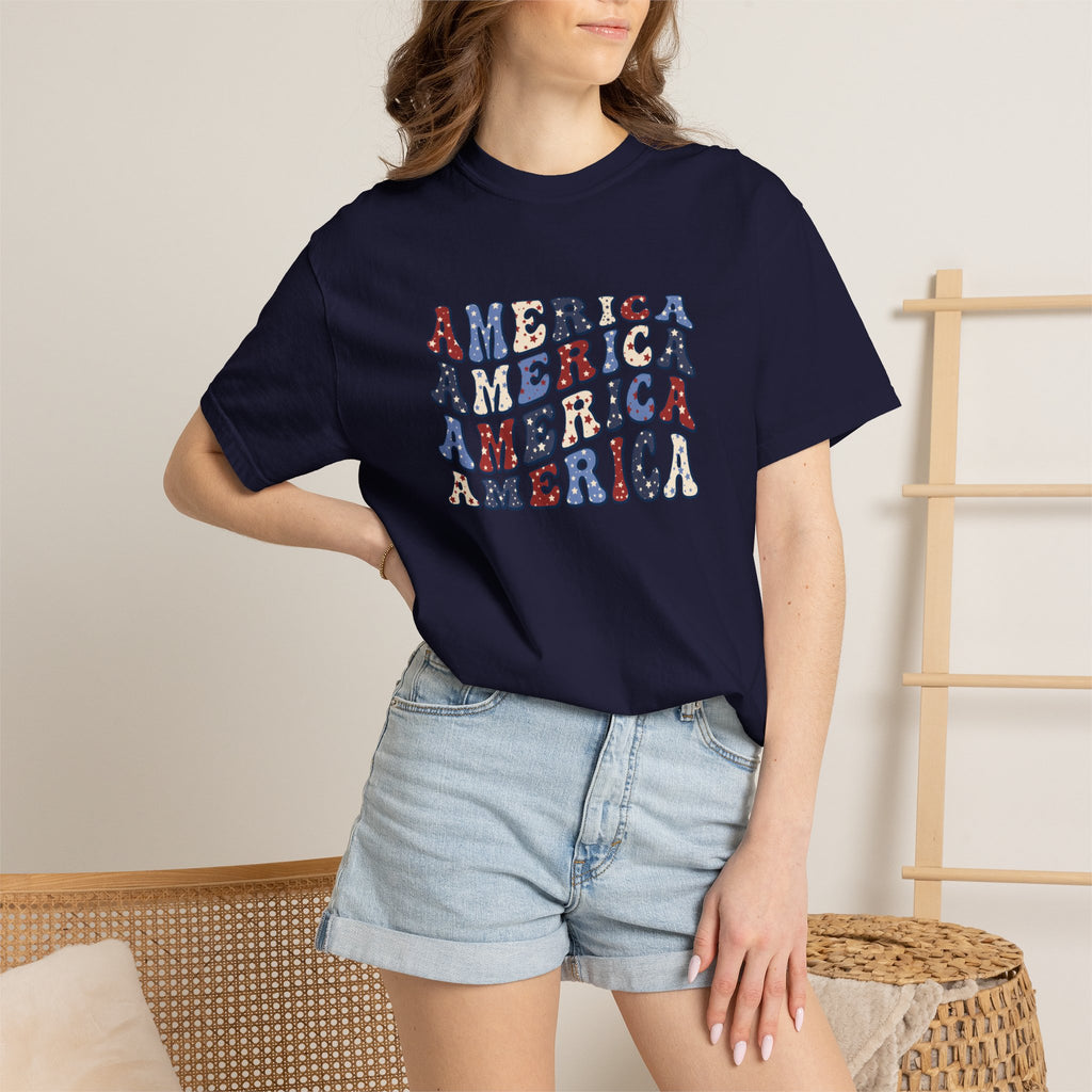 America Repeat Graphic T-Shirt — Retro Red & Blue Patriotic Tee
