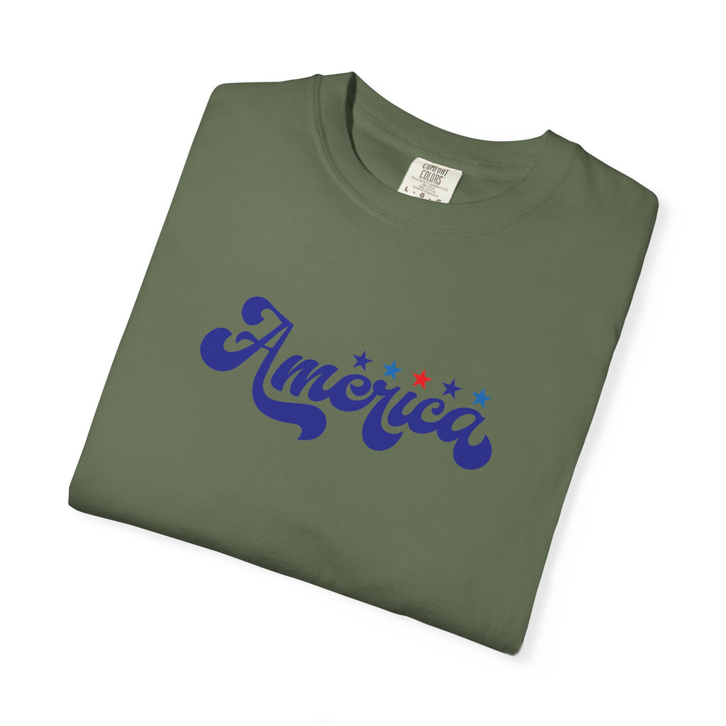 America Script T-Shirt — Patriotic Retro Stars Tee