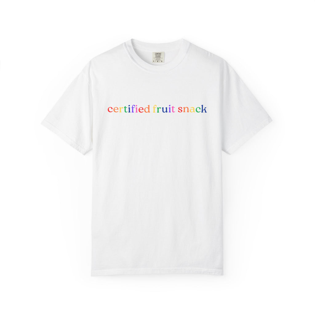 Certified Fruit Snack T-Shirt — Rainbow Text Casual Tee