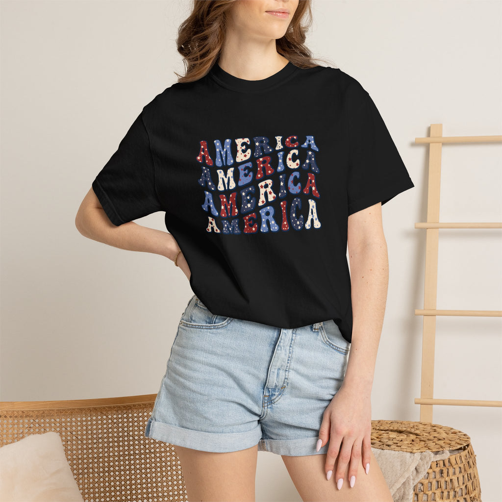 America Repeat Graphic T-Shirt — Retro Red & Blue Patriotic Tee
