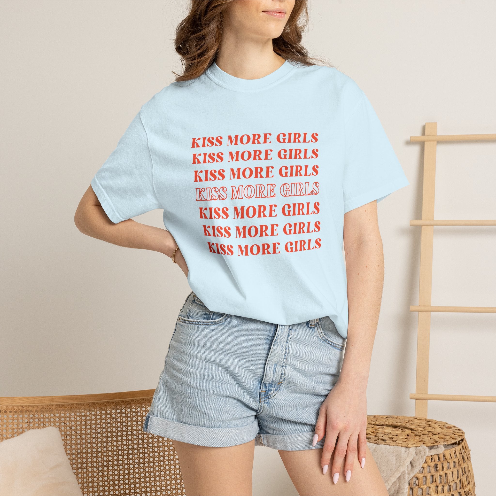 Kiss More Girls T‑Shirt — Retro Repeated Text Pride Tee