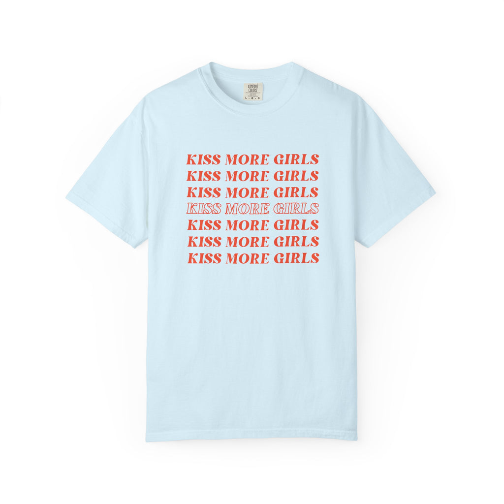 Kiss More Girls T‑Shirt — Retro Repeated Text Pride Tee