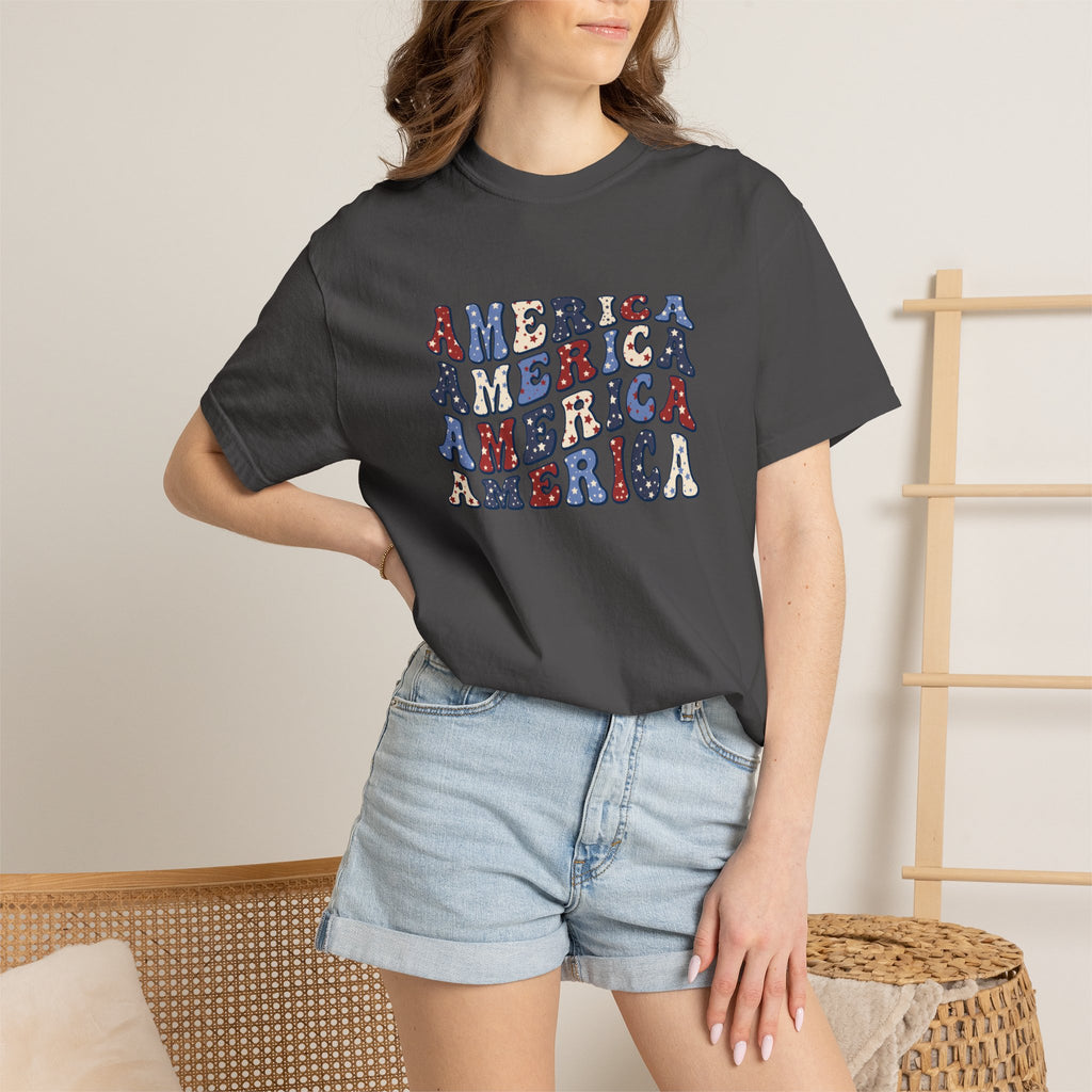 America Repeat Graphic T-Shirt — Retro Red & Blue Patriotic Tee
