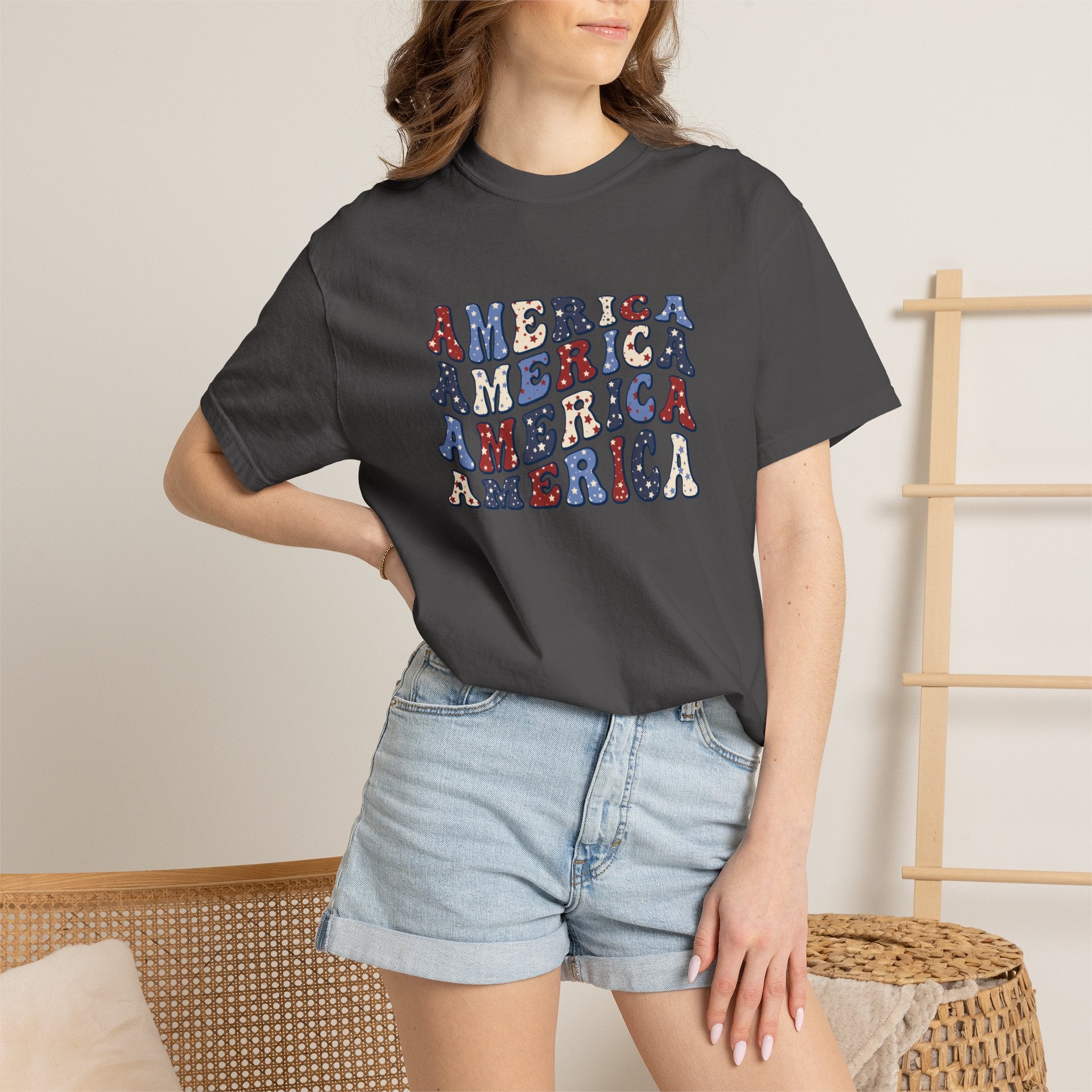 America Repeat Graphic T-Shirt — Retro Red & Blue Patriotic Tee