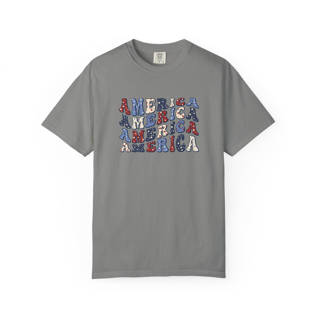 America Repeat Graphic T-Shirt — Retro Red & Blue Patriotic Tee