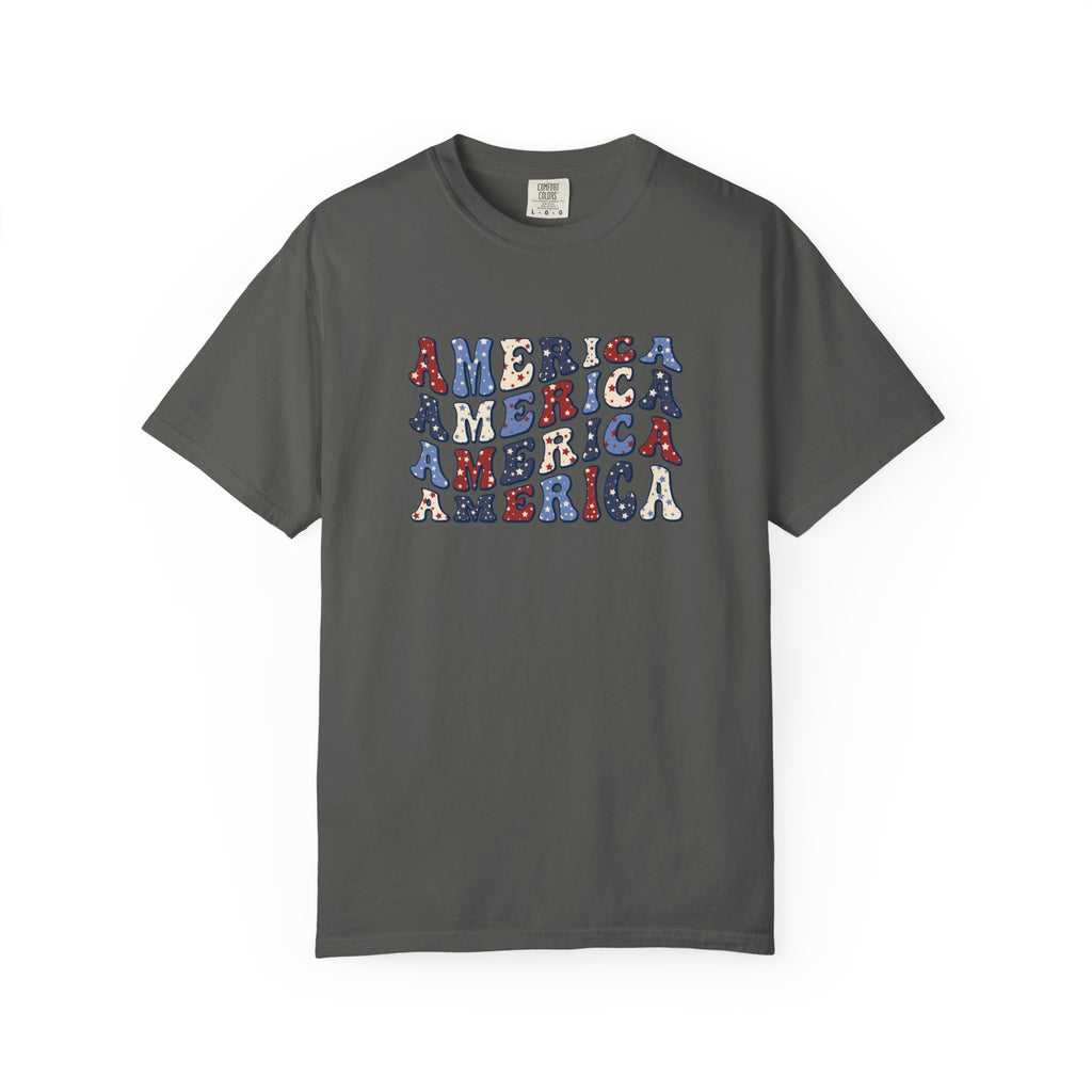 America Repeat Graphic T-Shirt — Retro Red & Blue Patriotic Tee
