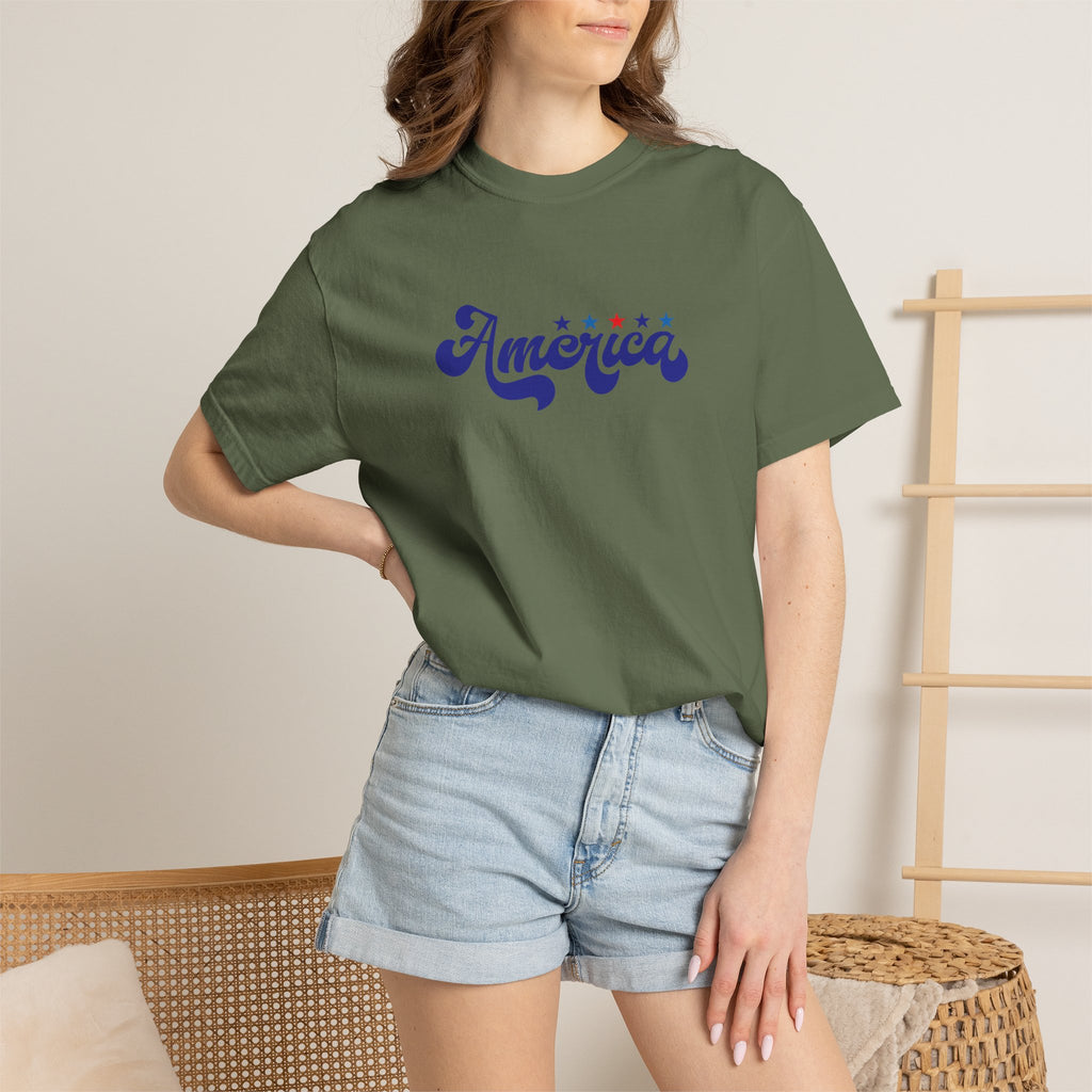 America Script T-Shirt — Patriotic Retro Stars Tee