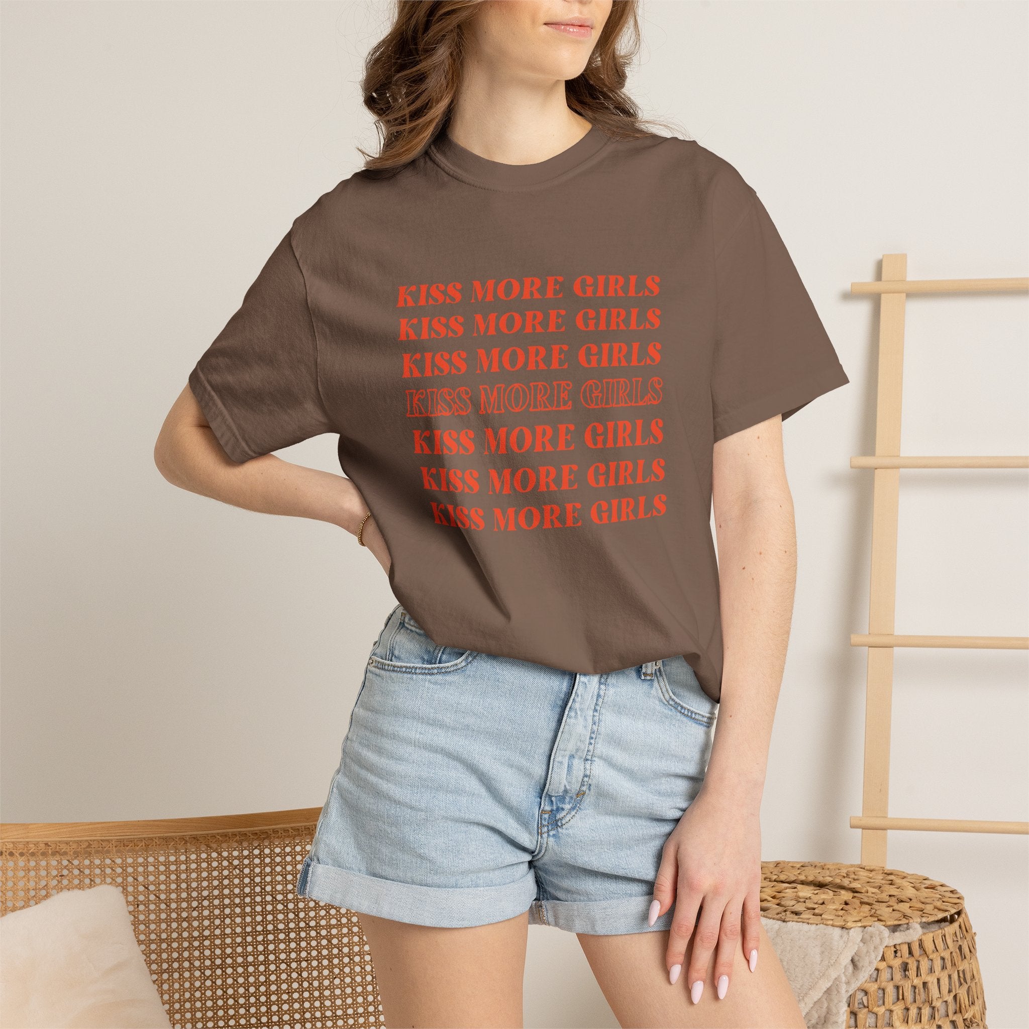 Kiss More Girls T‑Shirt — Retro Repeated Text Pride Tee