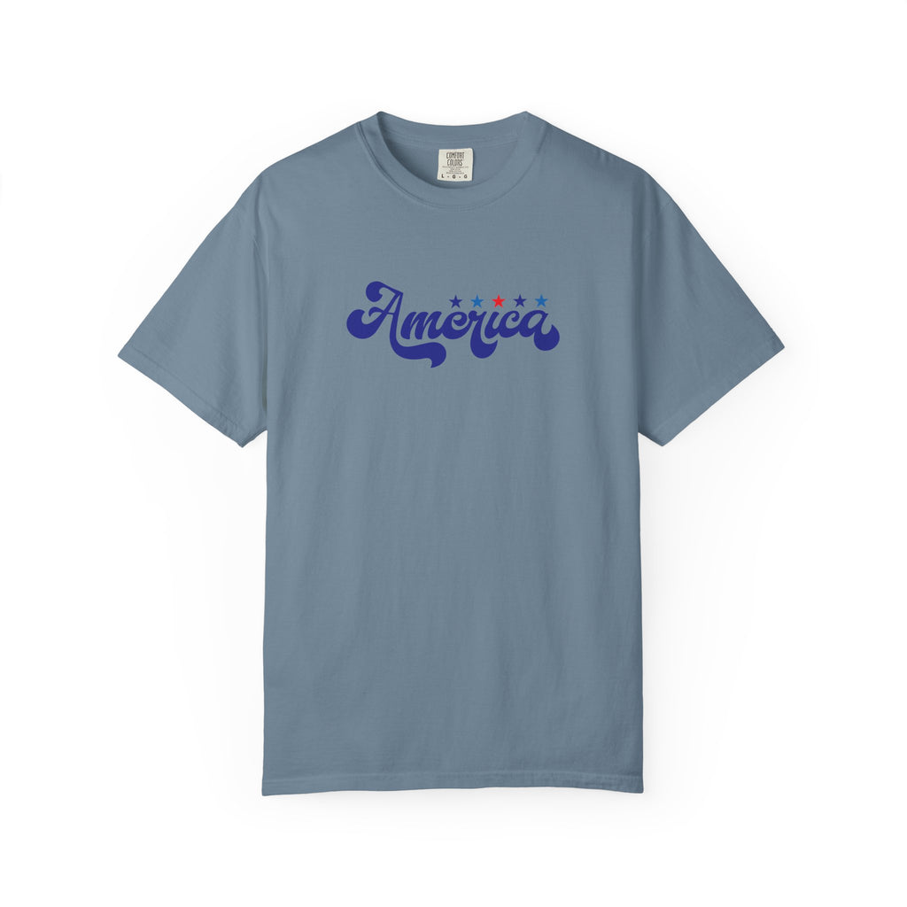 America Script T-Shirt — Patriotic Retro Stars Tee