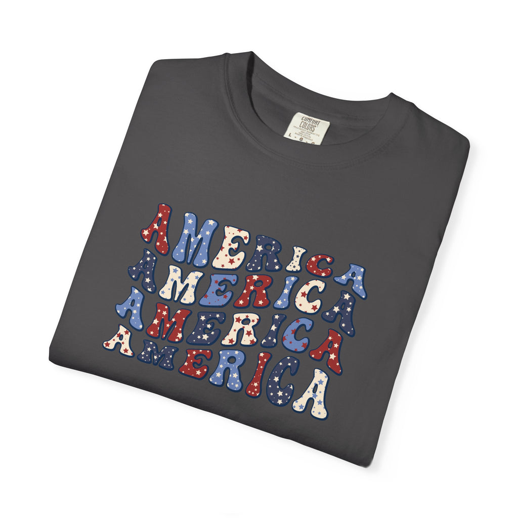 America Repeat Graphic T-Shirt — Retro Red & Blue Patriotic Tee